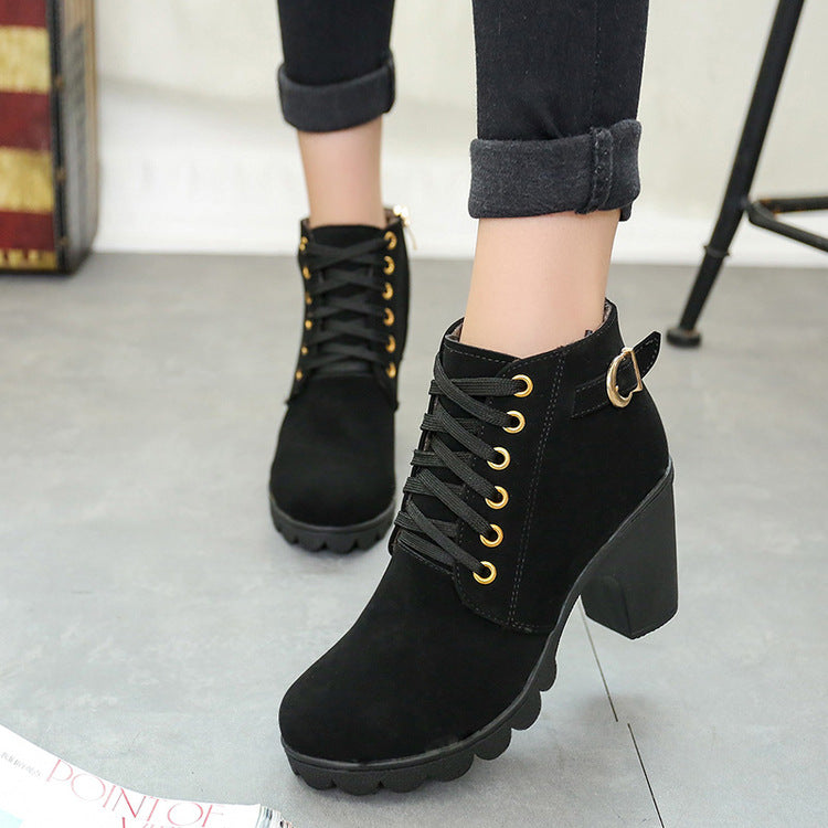 Chunky Block Heel Boots Buckle Ankle Boots