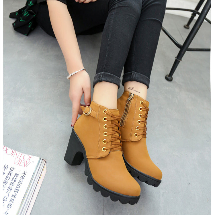 Chunky Block Heel Boots Buckle Ankle Boots