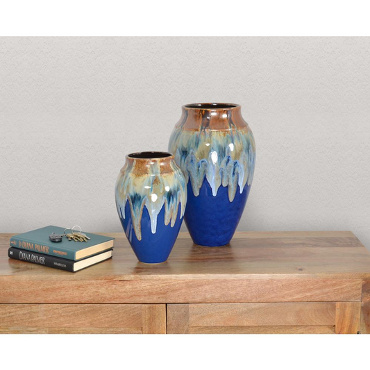 Blue Fusion Glazed Vase Set of 2