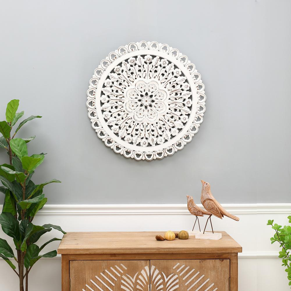 White Wood Flower Round Wall Decor