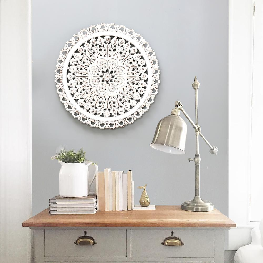 White Wood Flower Round Wall Decor