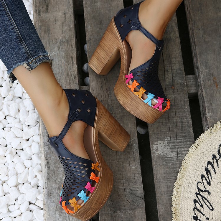 Women's Floral Buckle Chunky Heel Toe Roman Sandals