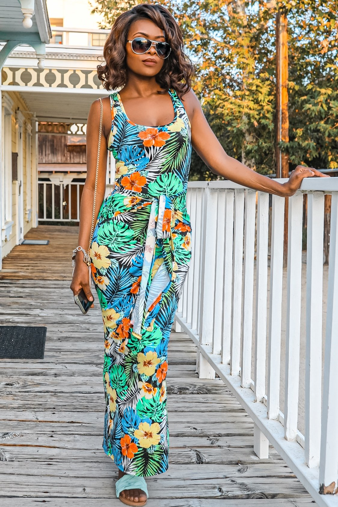 Tropical Print Bodycon Maxi Dress with Front Tie Waist