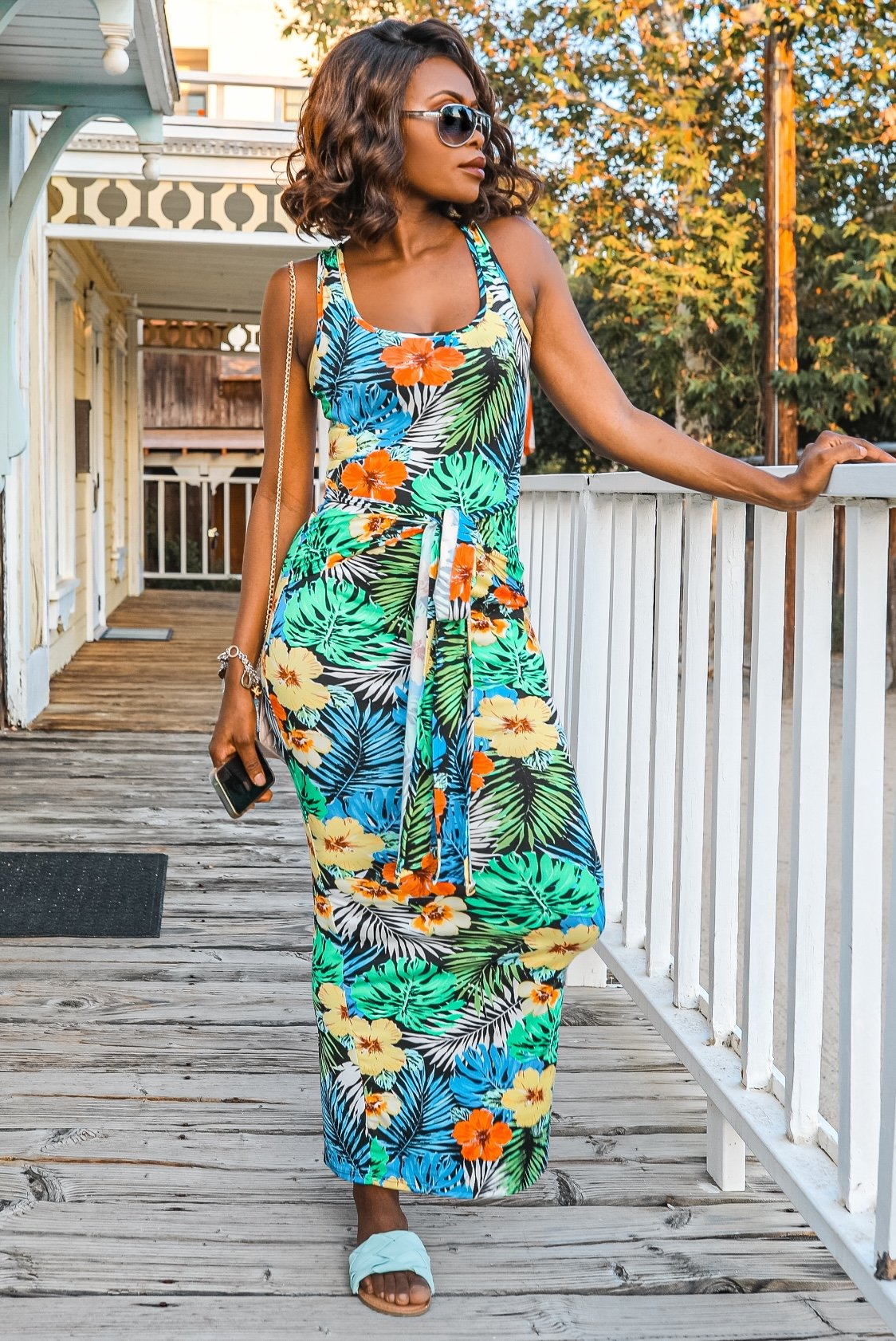 Tropical Print Bodycon Maxi Dress with Front Tie Waist