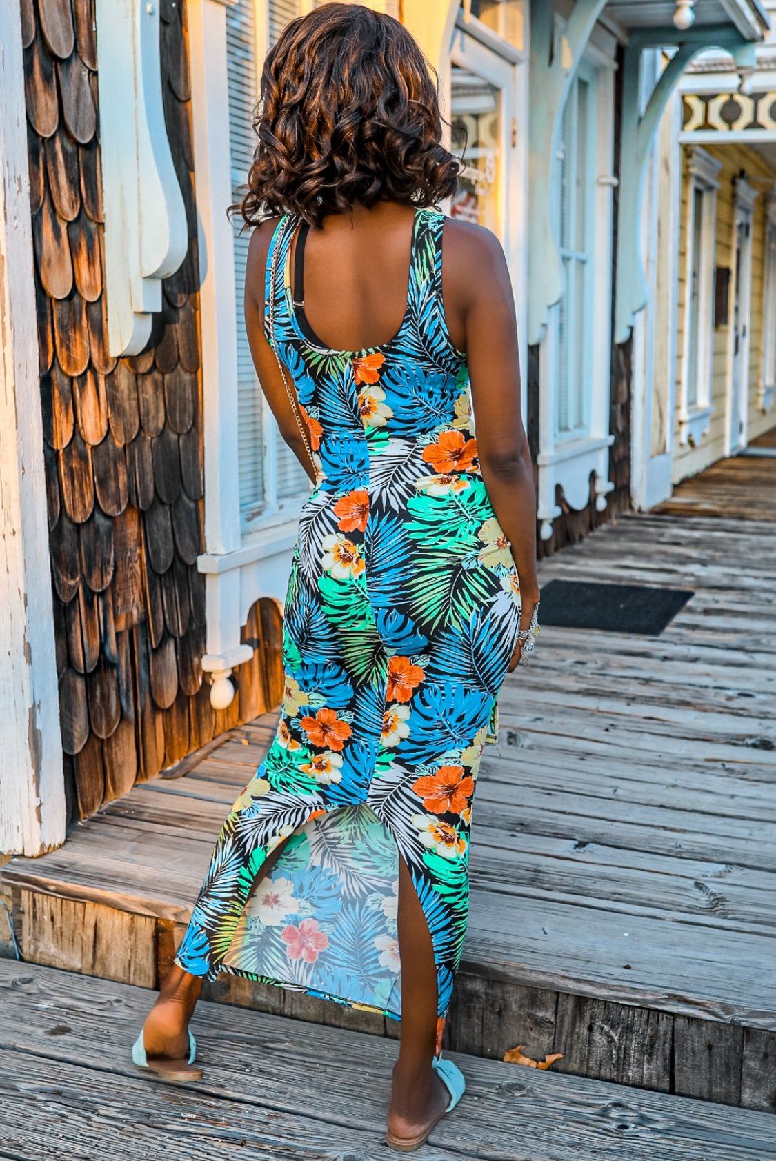 Tropical Print Bodycon Maxi Dress with Front Tie Waist