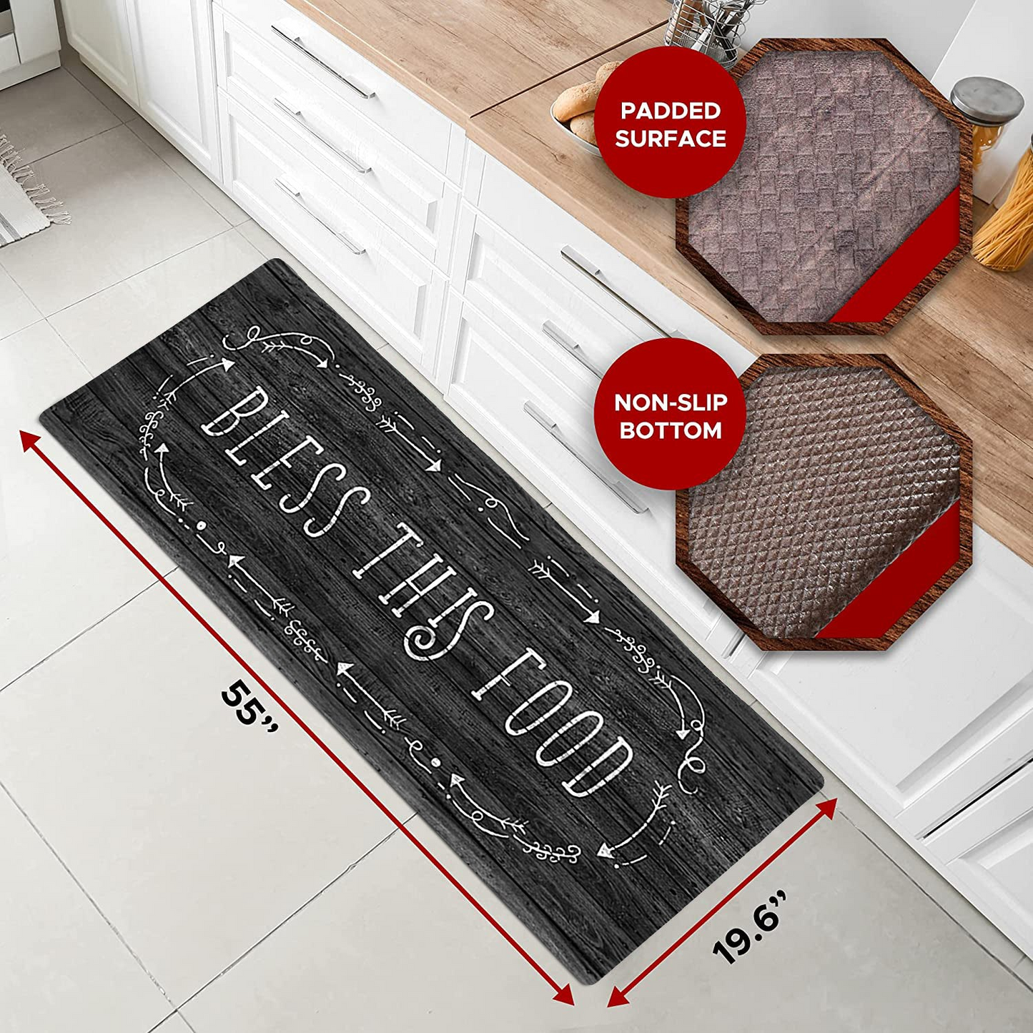 20"x55" Oversized Cushioned Anti-Fatigue Kitchen Runner Mat (Bless This Food)