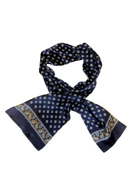 Flower Paisley Navy Blue 100% Silk Scarf 157 x 27 cm