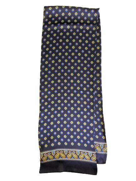 Flower Paisley Navy Blue 100% Silk Scarf 157 x 27 cm