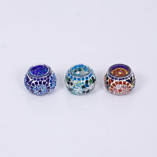 Blue Turquoise Multicolor Mosaic Candleholder Set of 3 - Luxury Turkish Handmade Moroccan Mid Century Candle Holder