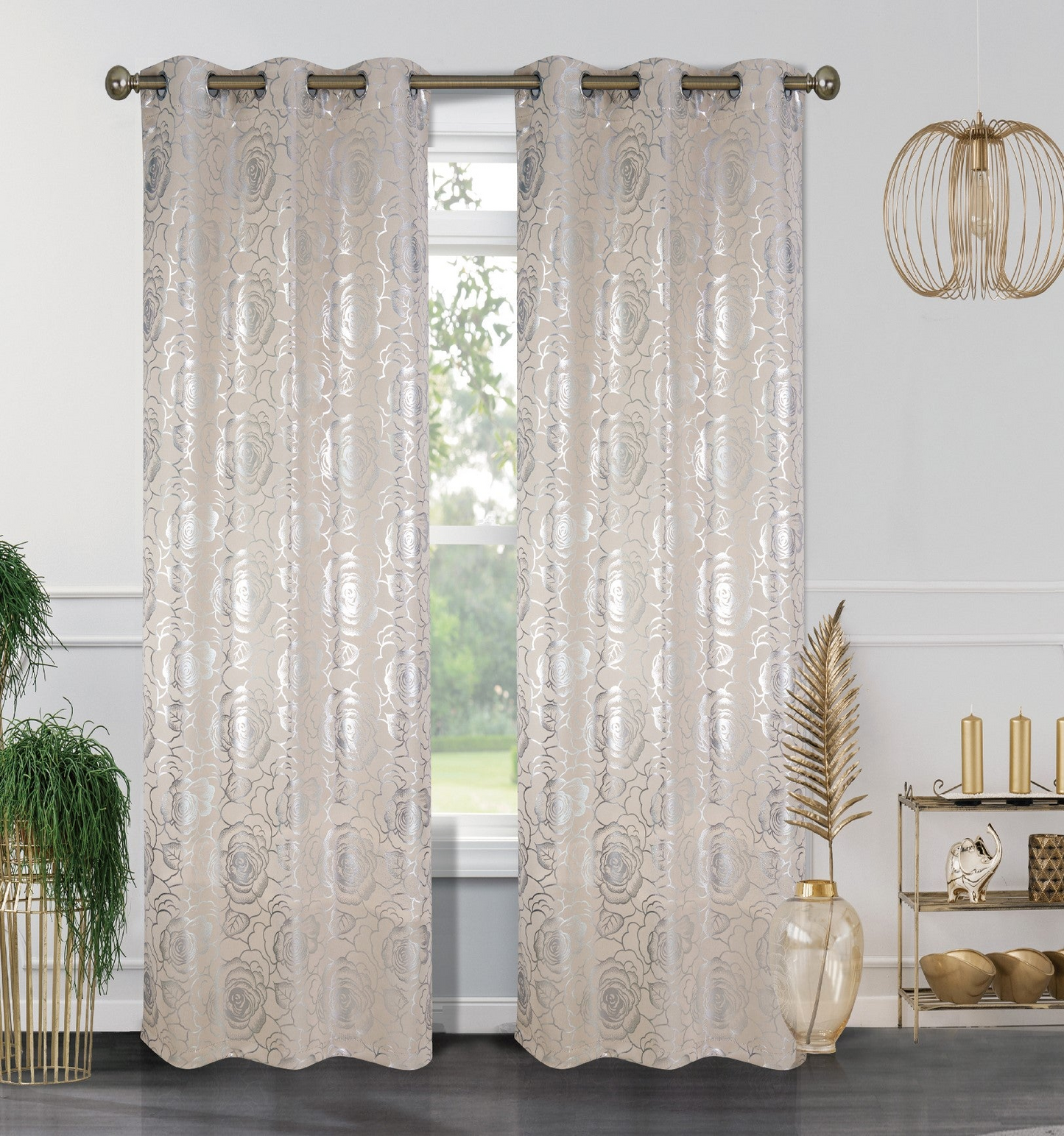 Floral Metallic  Blackout Thermal Grommet Curtain Panels (Set of 2)