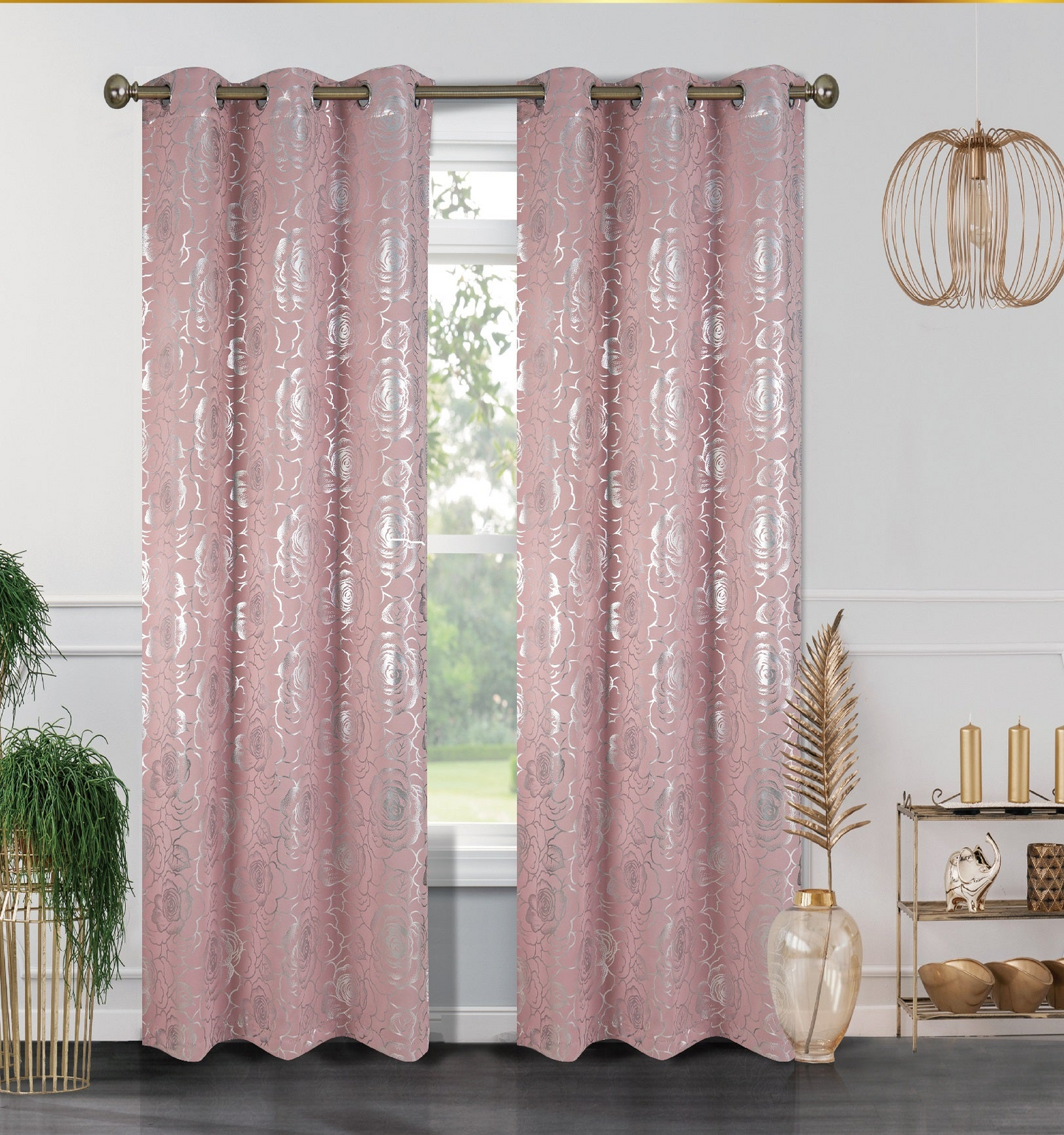 Floral Metallic  Blackout Thermal Grommet Curtain Panels (Set of 2)