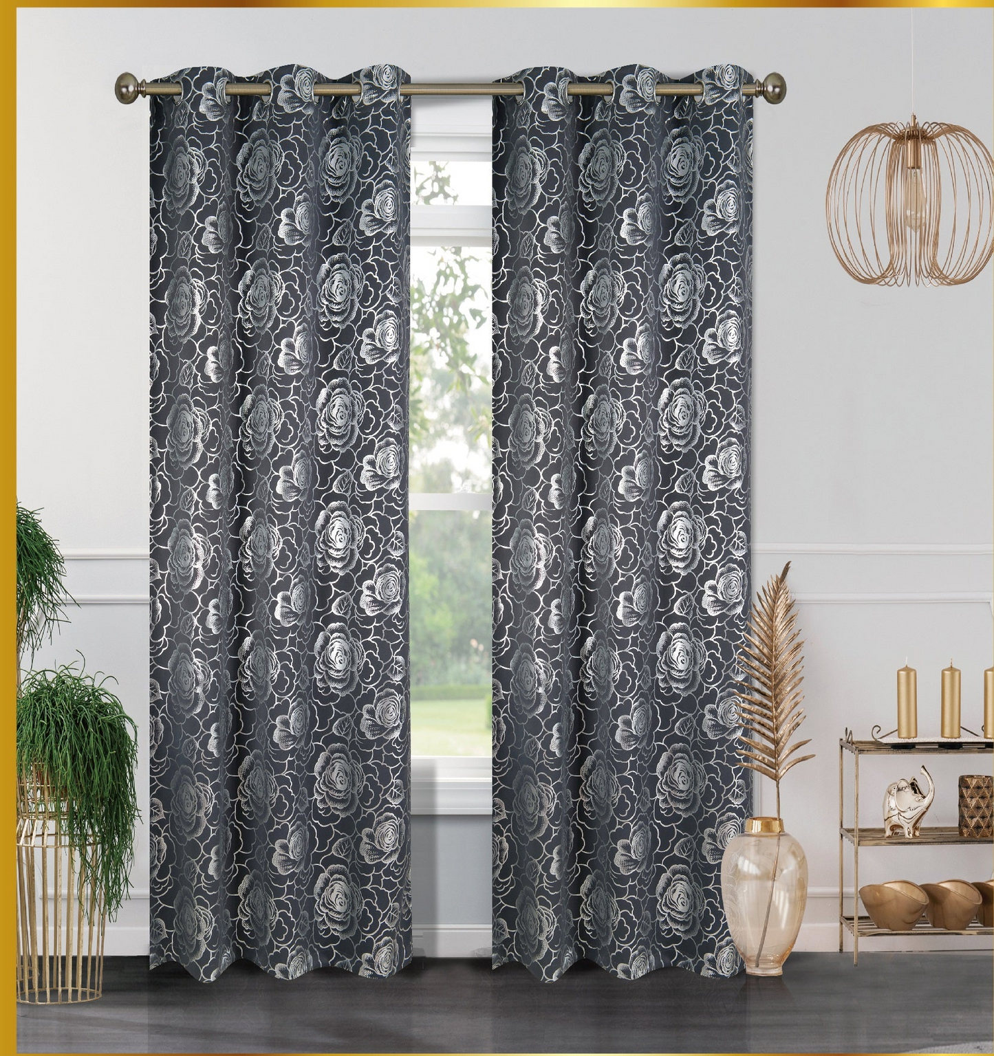 Floral Metallic  Blackout Thermal Grommet Curtain Panels (Set of 2)