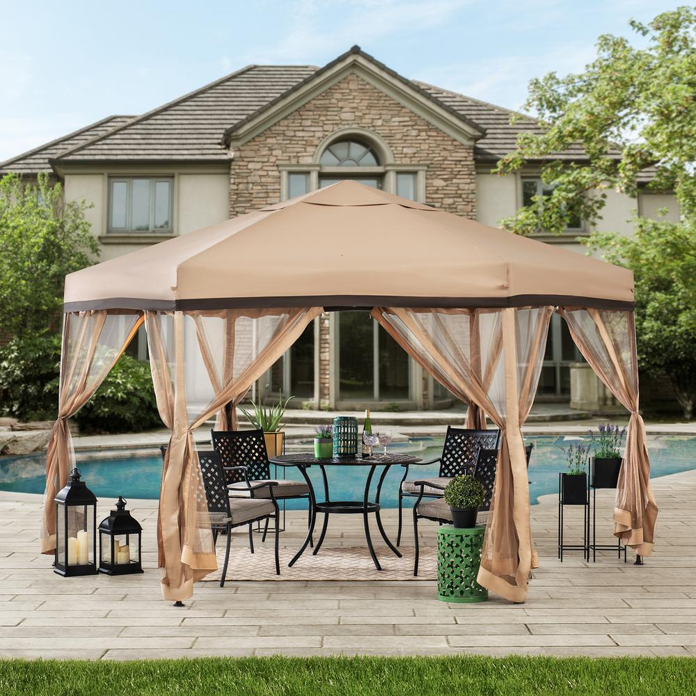 Sunjoy 11 ft. x 11 ft. Tan and Brown 2-tone Pop Up Portable Hexagon Steel Gazebo