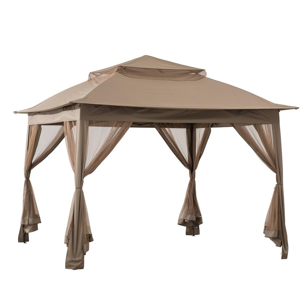 Patio Brown Steel Frame 11 x 11 ft Pop Up Portable 2 Tier Soft Top Gazebo