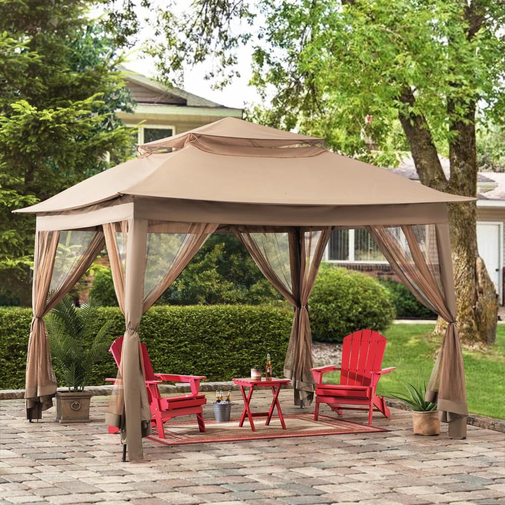 Patio Brown Steel Frame 11 x 11 ft Pop Up Portable 2 Tier Soft Top Gazebo