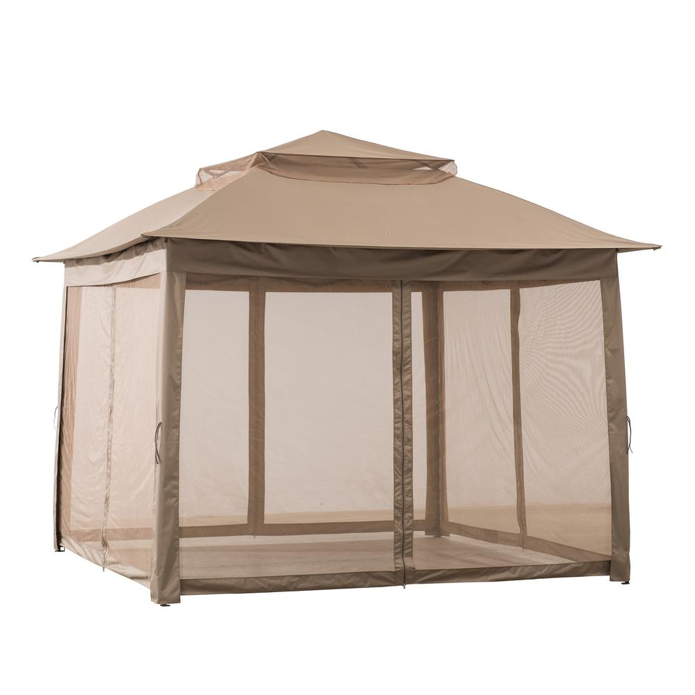 Patio Brown Steel Frame 11 x 11 ft Pop Up Portable 2 Tier Soft Top Gazebo