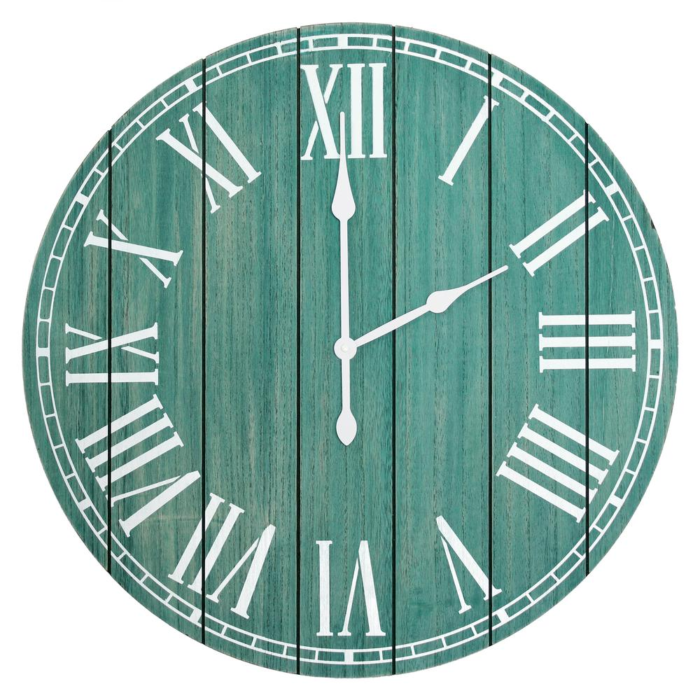 Wood Plank 23" Large Rustic Coastal Wall Clock, Dark Aqua Wash