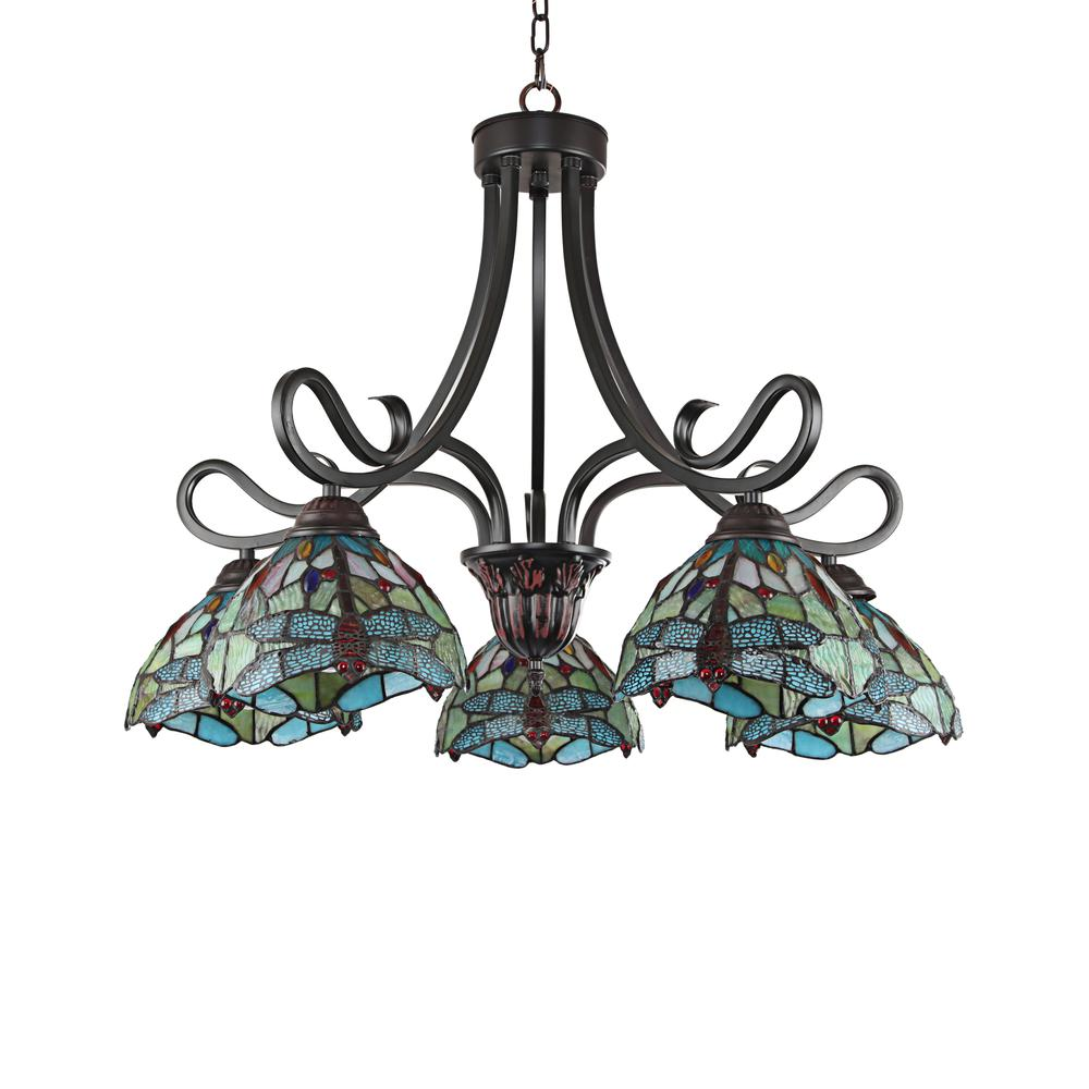 CHLOE Lighting EMPRESS Dragonfly Tiffany-style Dark Bronze 5 Light Large Chandelier 27 