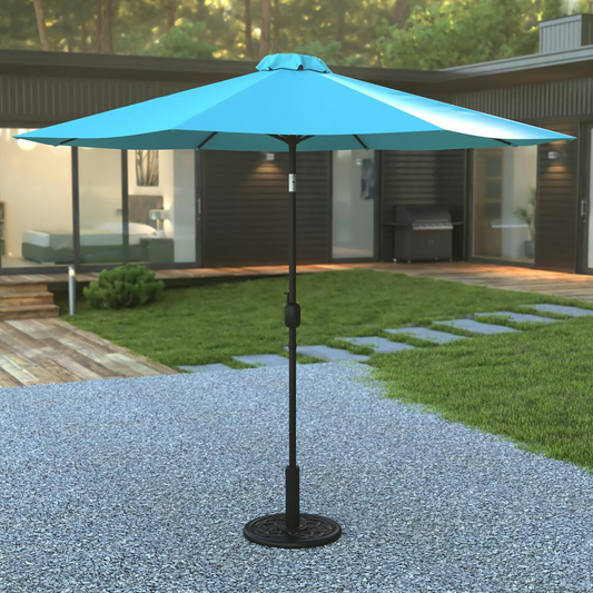 Teal 9 FT Round Umbrella with Crank and Tilt Function and Standing Umbrella Base