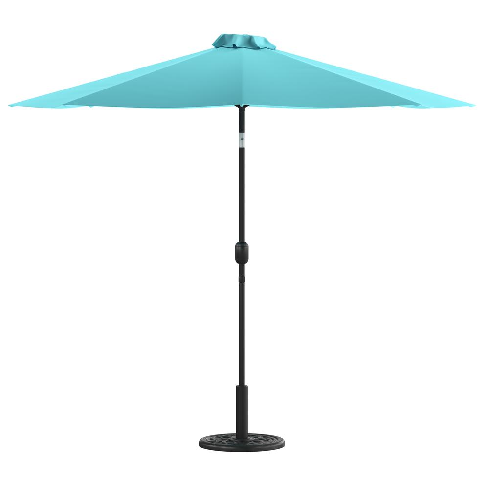 Teal 9 FT Round Umbrella with Crank and Tilt Function and Standing Umbrella Base