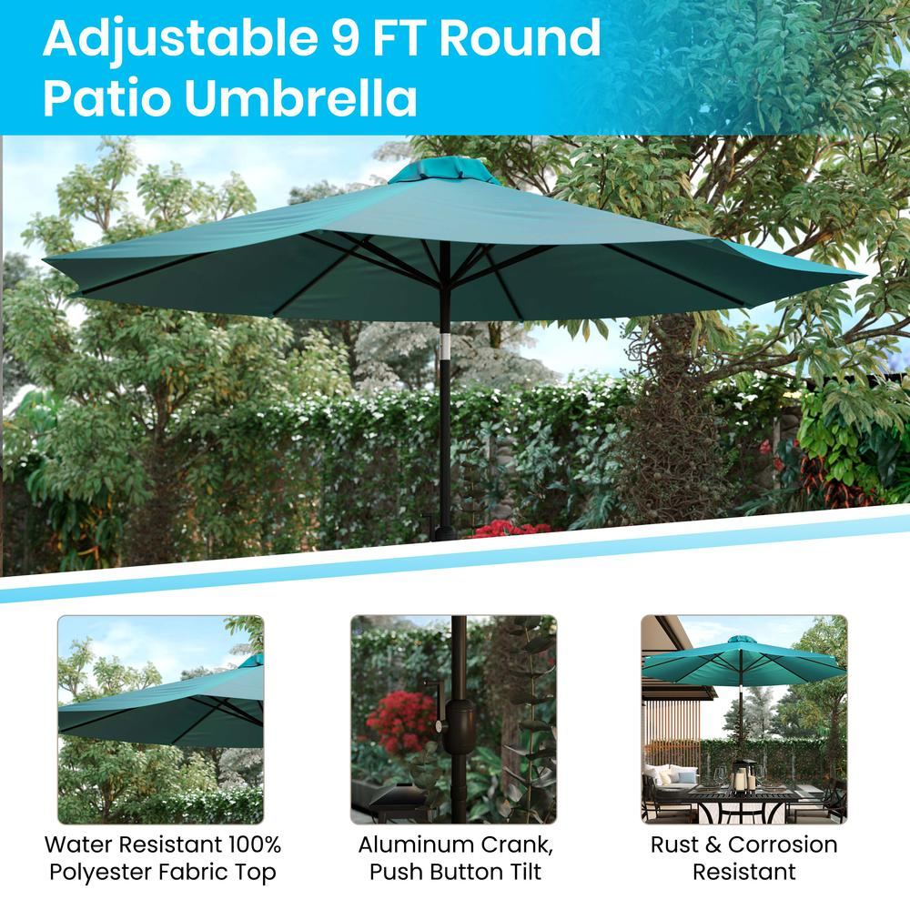 Teal 9 FT Round Umbrella with Crank and Tilt Function and Standing Umbrella Base