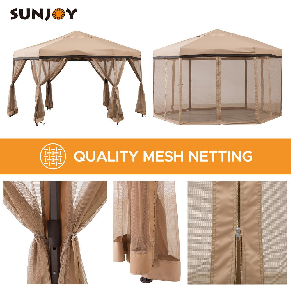 Sunjoy 11 ft. x 11 ft. Tan and Brown 2-tone Pop Up Portable Hexagon Steel Gazebo