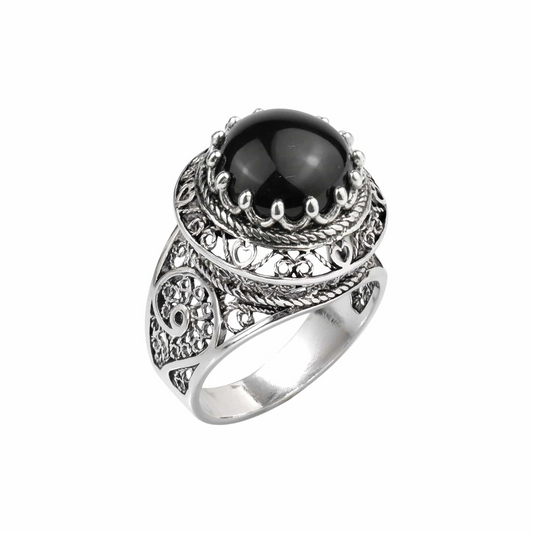 Filigree Art Black Onyx Gemstone Woman Silver Dome Ring