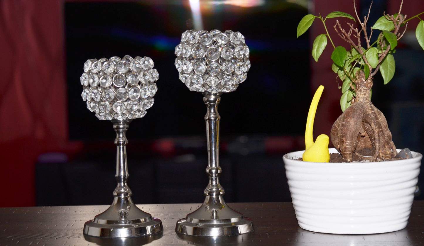 Vibhsa Round Crystal Aluminium Candle Holder Set of 2