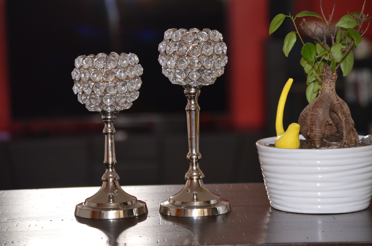 Vibhsa Round Crystal Aluminium Candle Holder Set of 2