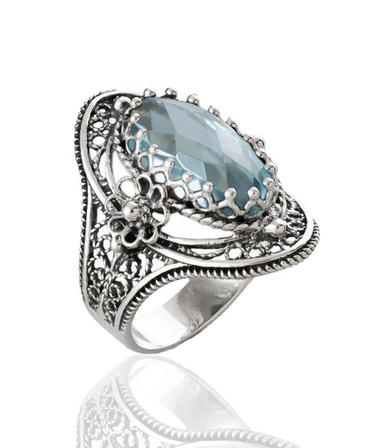 Blue Topaz Gemstone Sterling Silver Women Statement Ring with Daisy Figures