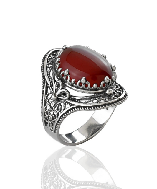 Carnelian Gemstone Filigree Art Woman Silver Statement Ring