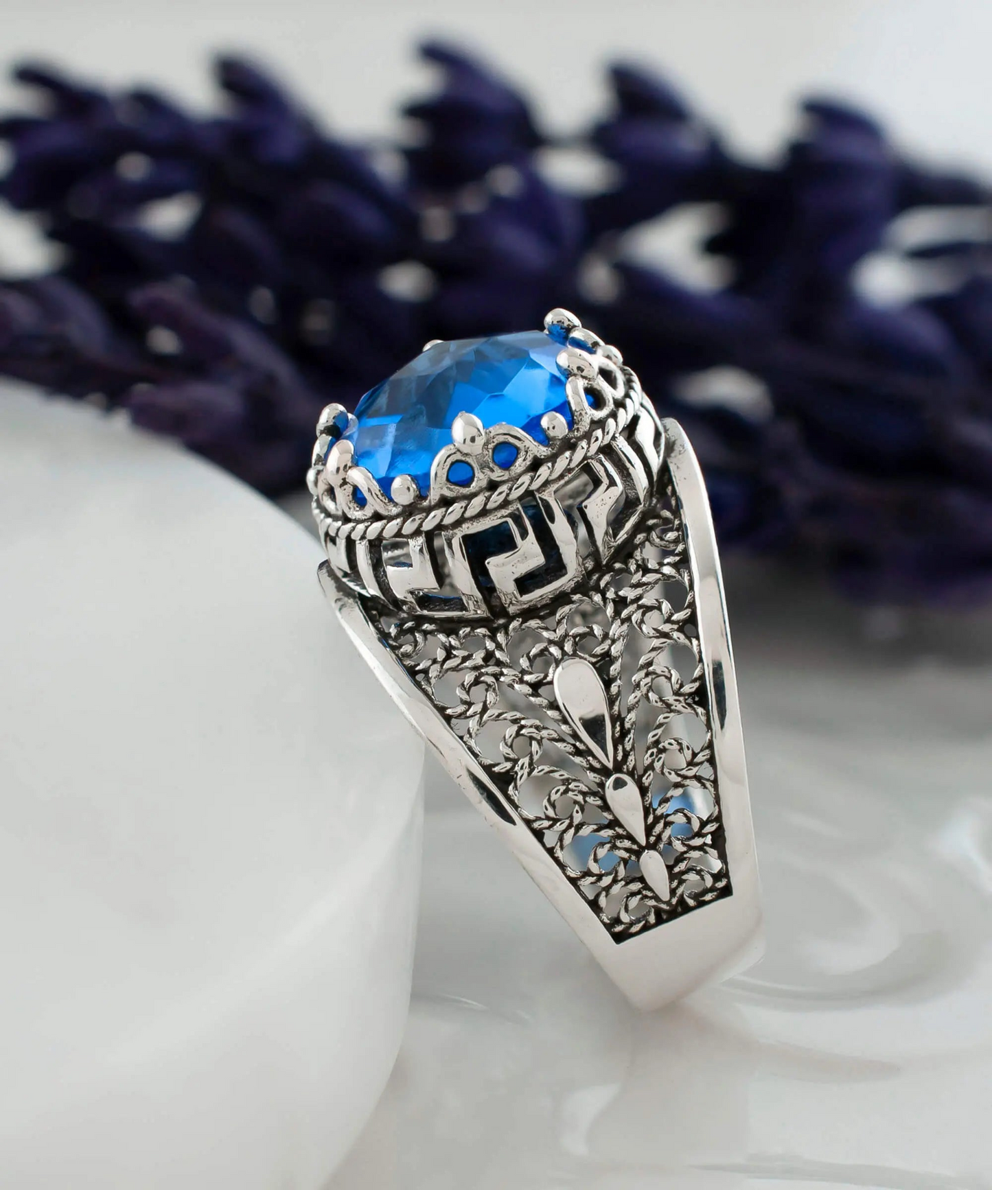 Meander Pattern Filigree Art Blue Quartz Gemstone Women Silver Cocktail Ring