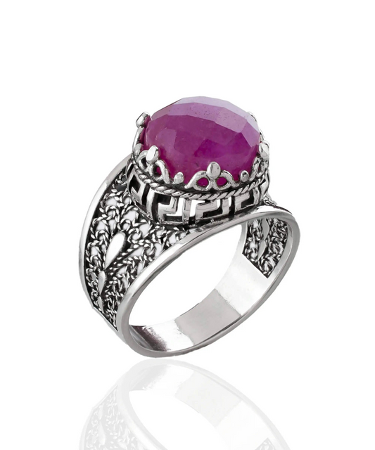 Meander Pattern Filigree Art Ruby Corundum Gemstone Women Silver Cocktail Ring