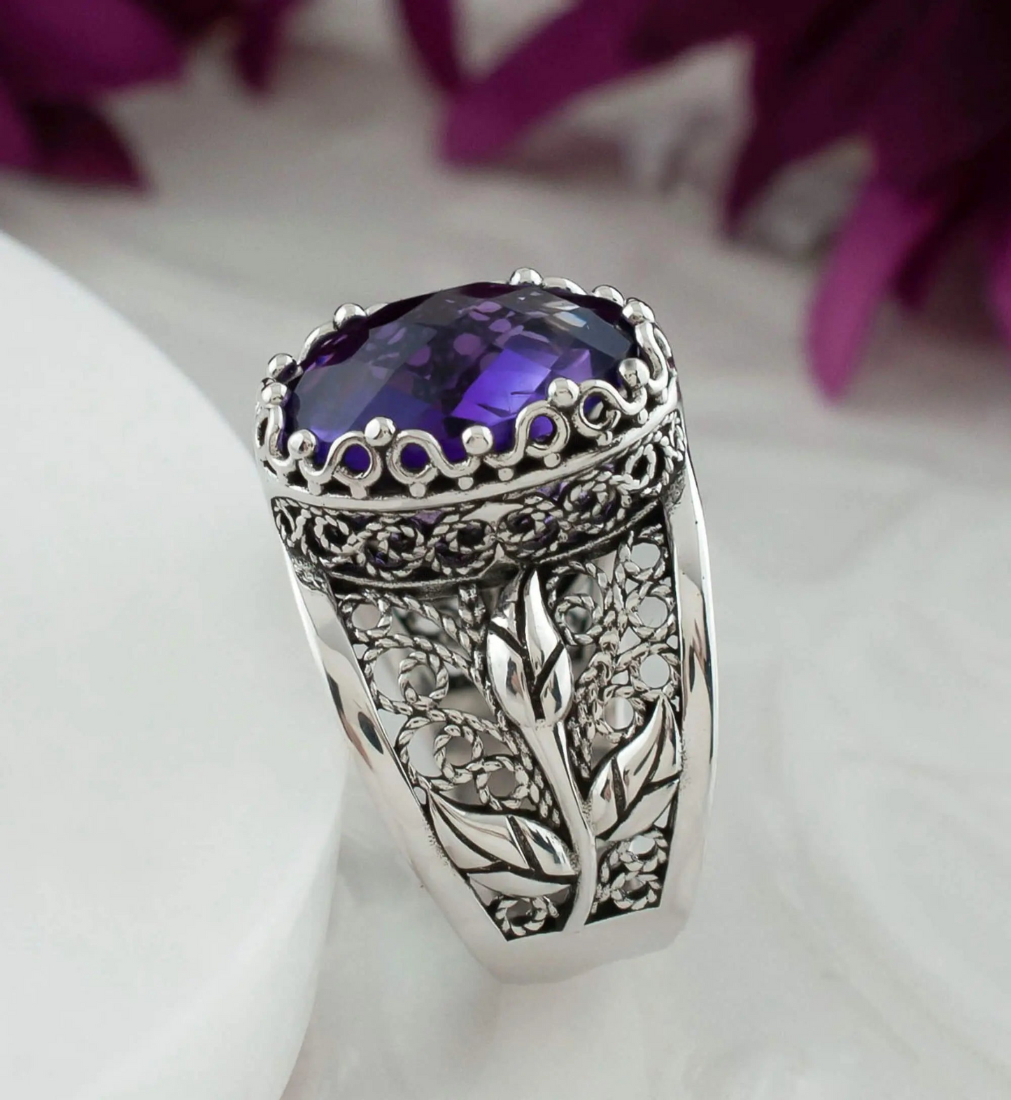 Filigree Art Amethyst Gemstone Tulip Detailed Silver Women Statement Ring