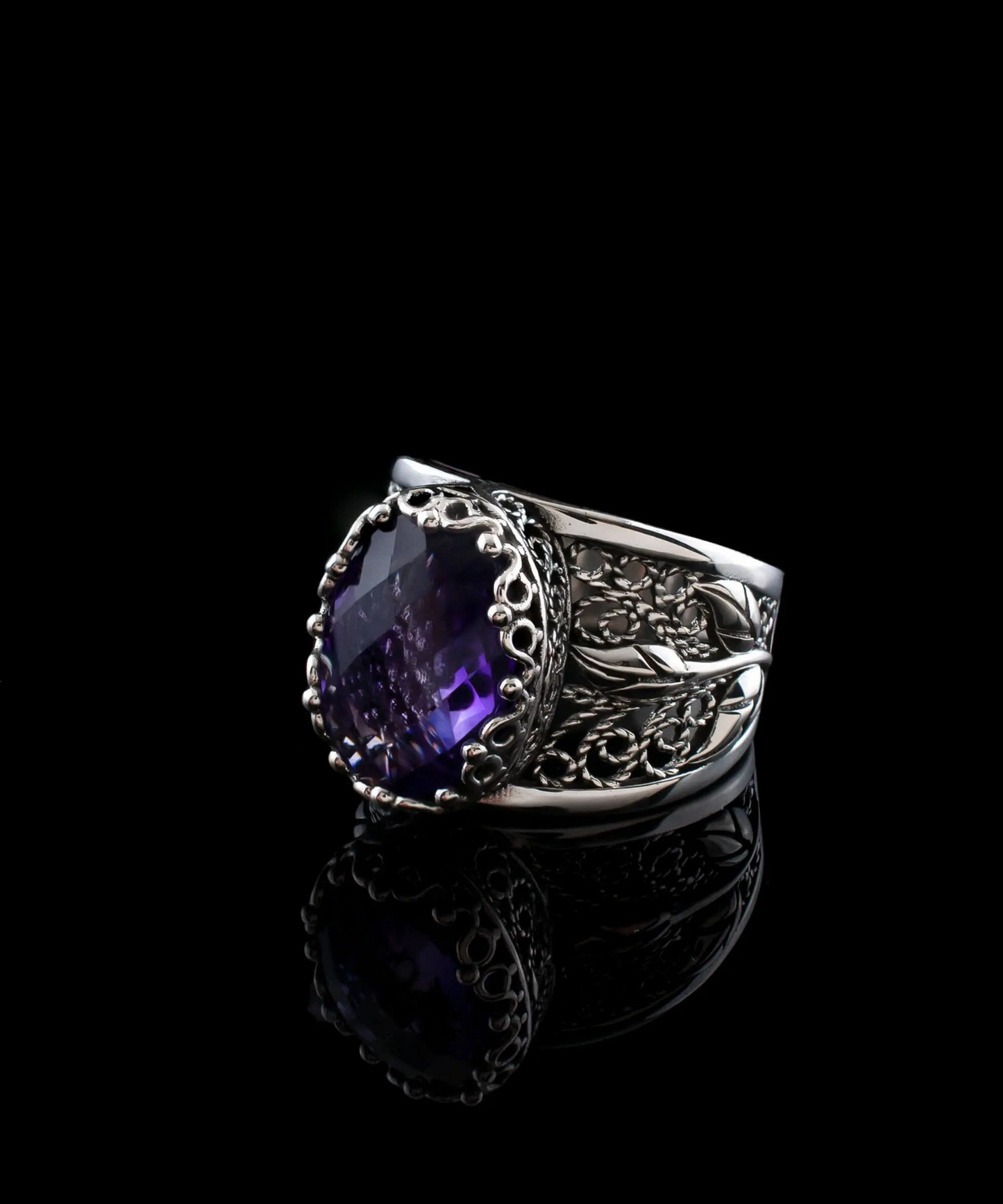 Filigree Art Amethyst Gemstone Tulip Detailed Silver Women Statement Ring