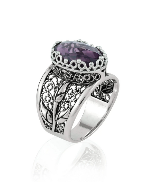 Filigree Art Amethyst Gemstone Tulip Detailed Silver Women Statement Ring