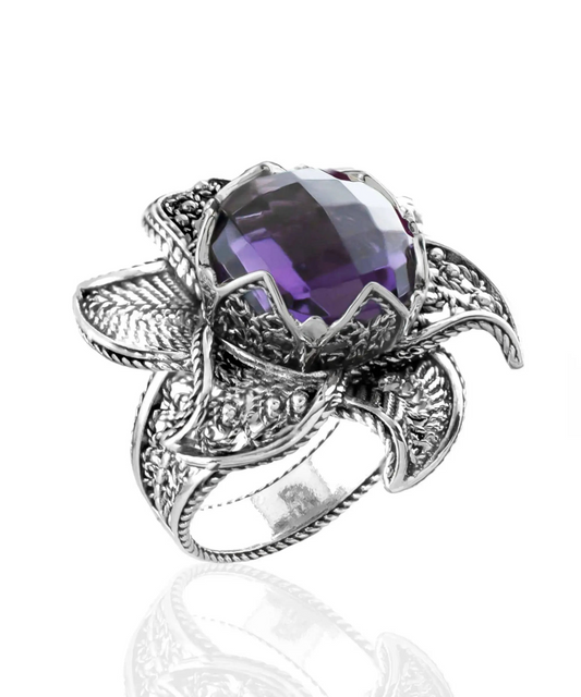 Lotus Flower Amethyst Gemstone Women Silver Statement Ring