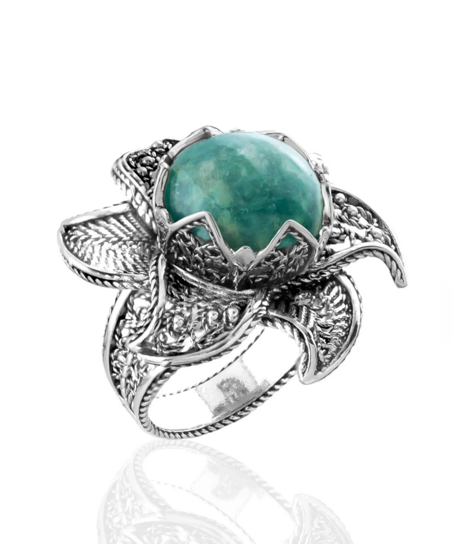 Lotus Flower Amazonite Gemstone Women Silver Statement Ring