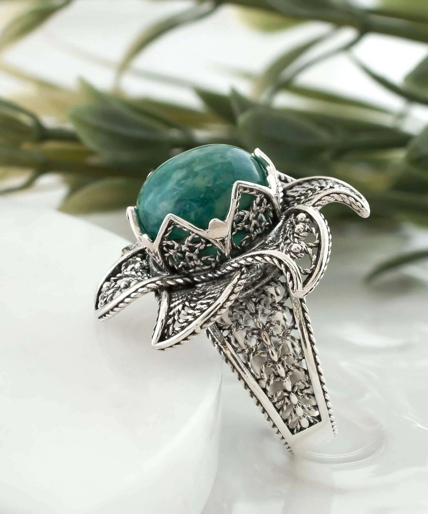 Lotus Flower Amazonite Gemstone Women Silver Statement Ring