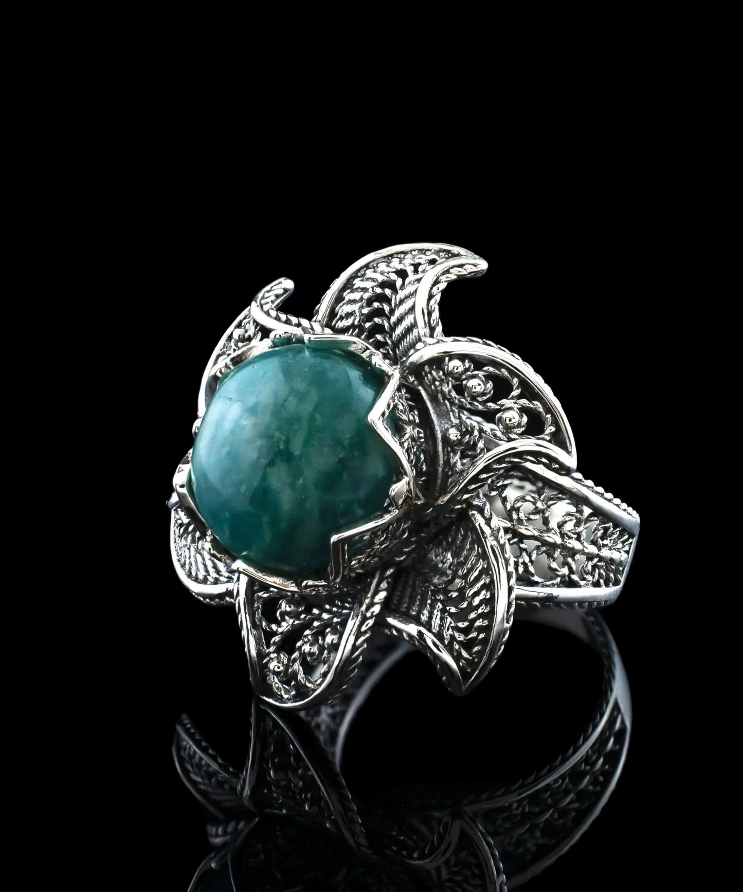 Lotus Flower Amazonite Gemstone Women Silver Statement Ring