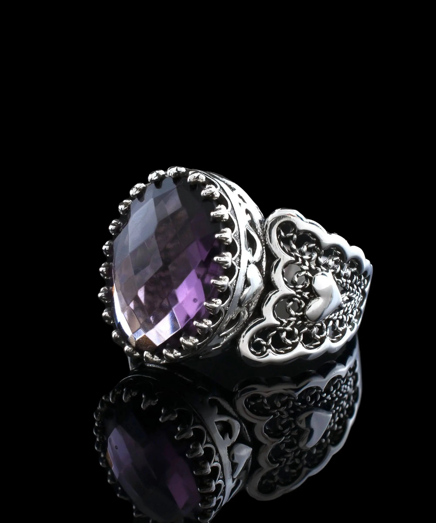 Amethyst Gemstone Double Heart Detailed Filigree Art 925 Sterling Silver Women Statement Ring