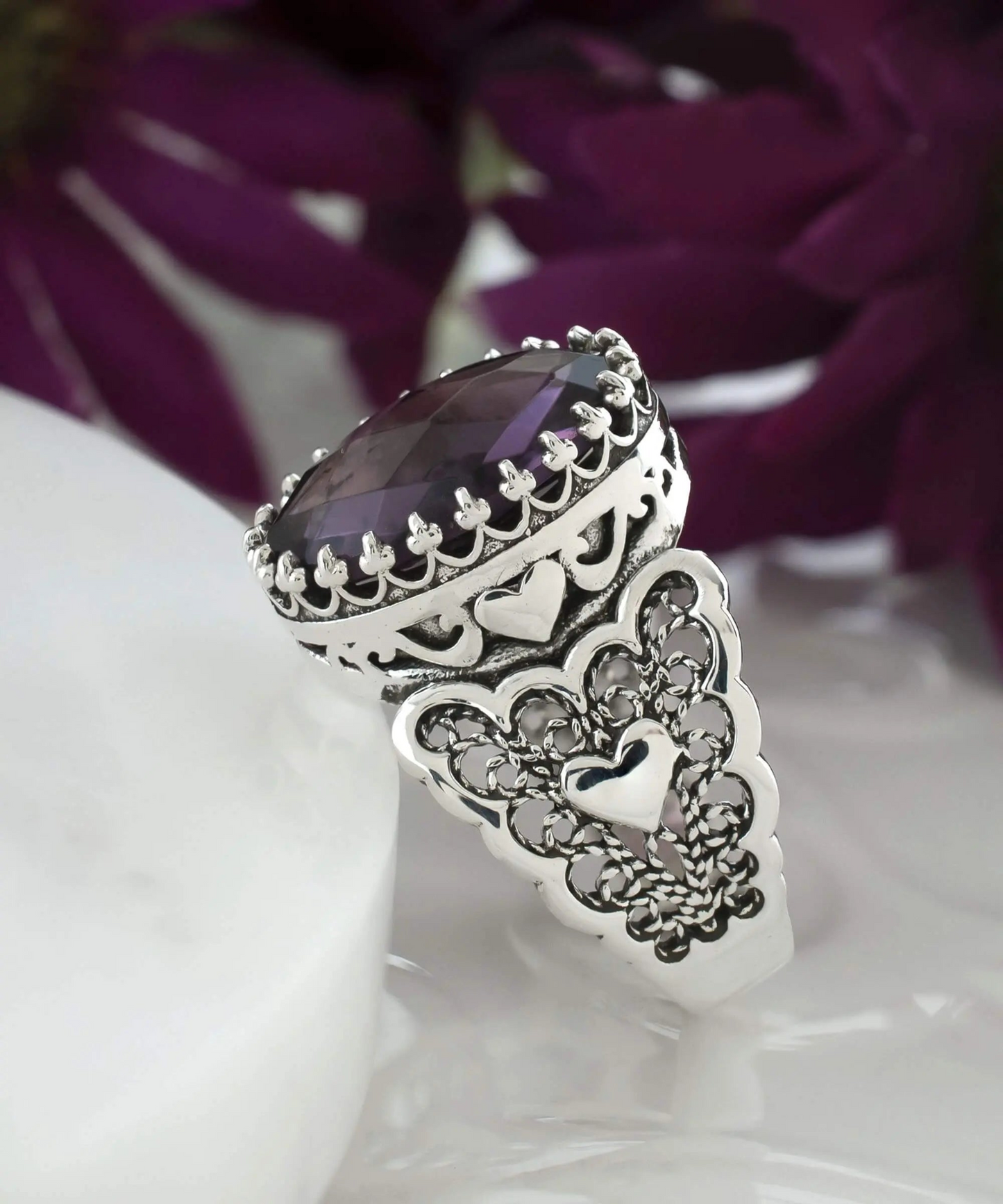 Amethyst Gemstone Double Heart Detailed Filigree Art 925 Sterling Silver Women Statement Ring