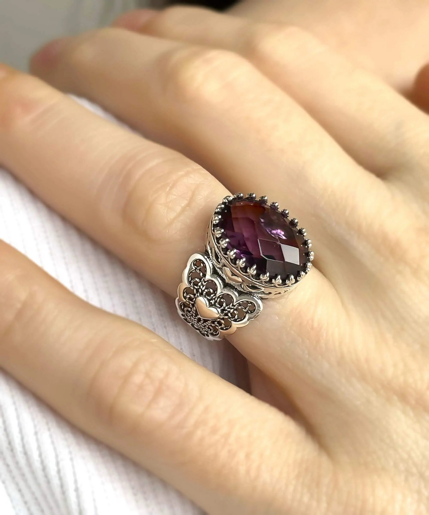 Amethyst Gemstone Double Heart Detailed Filigree Art 925 Sterling Silver Women Statement Ring