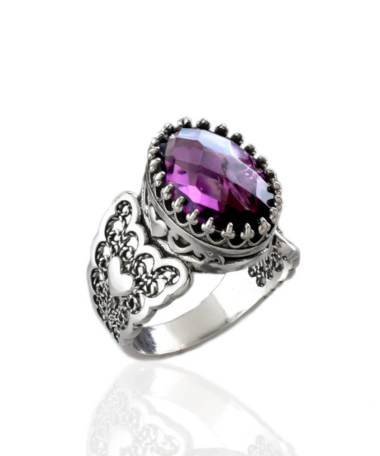 Amethyst Gemstone Double Heart Detailed Filigree Art 925 Sterling Silver Women Statement Ring