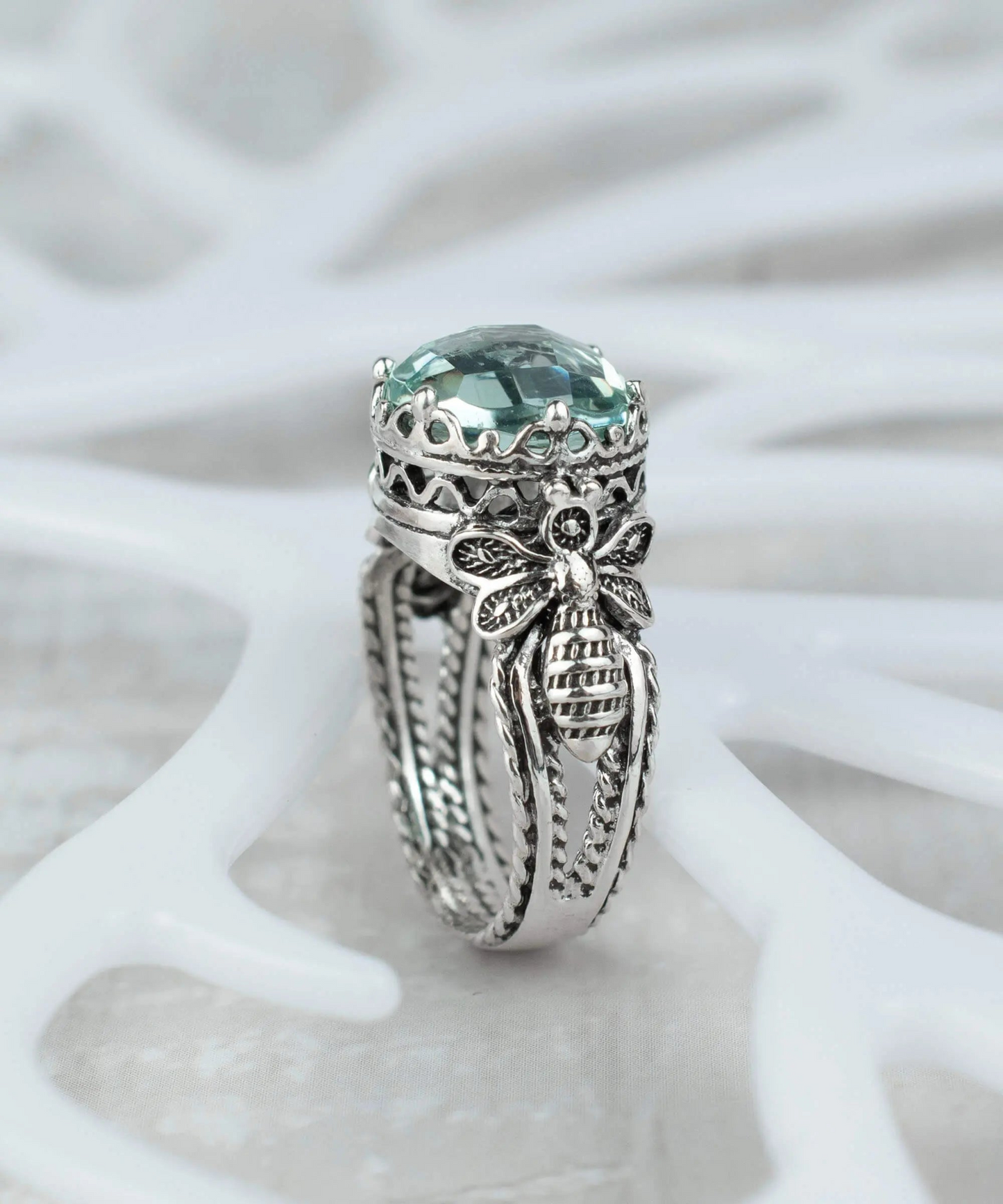 Bee Detailed Aquamarine Gemstone Filigree Art Women Silver Cocktail Ring