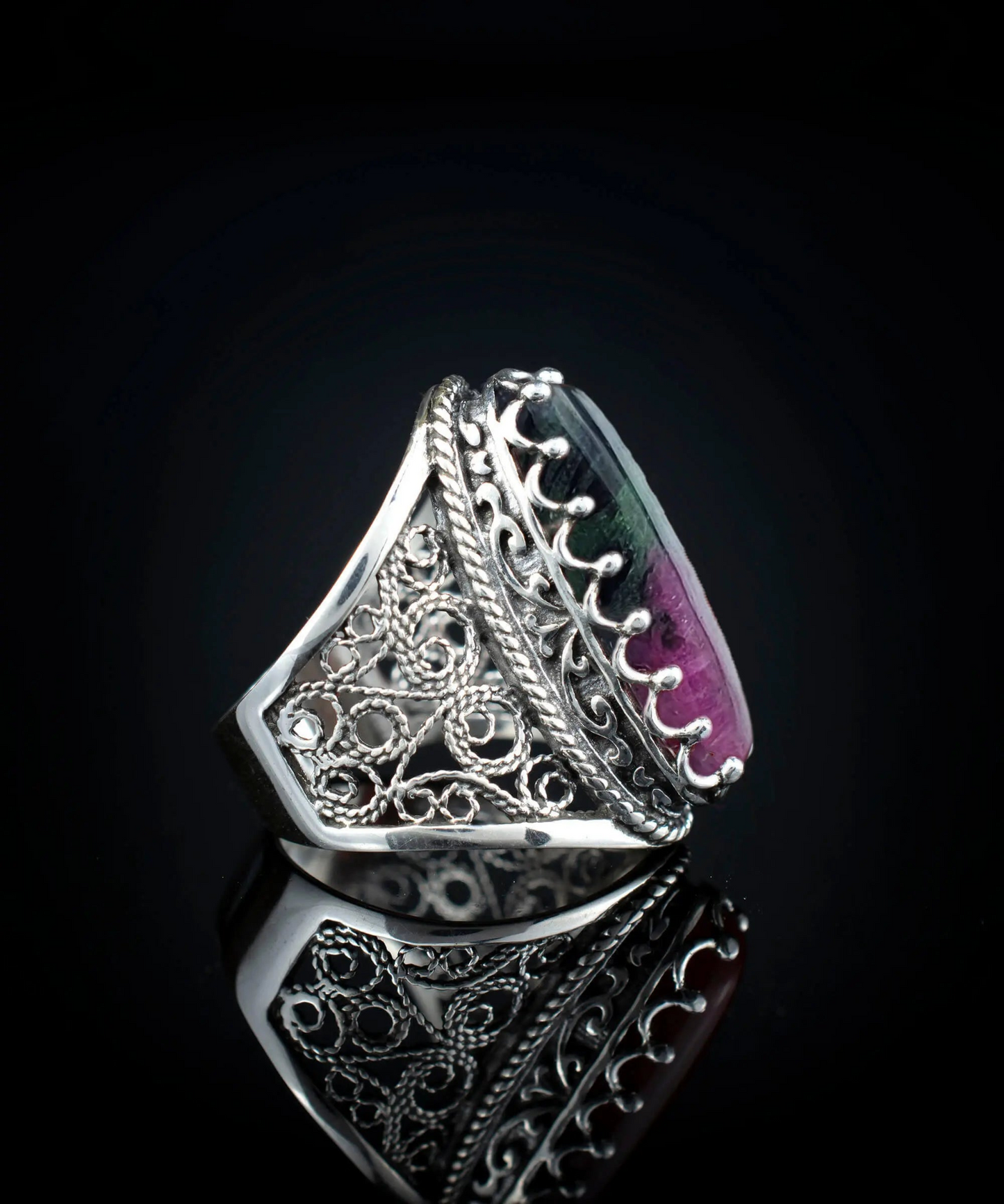 Filigree Art Ruby Zoisite Gemstone Women Silver Long Statement Ring