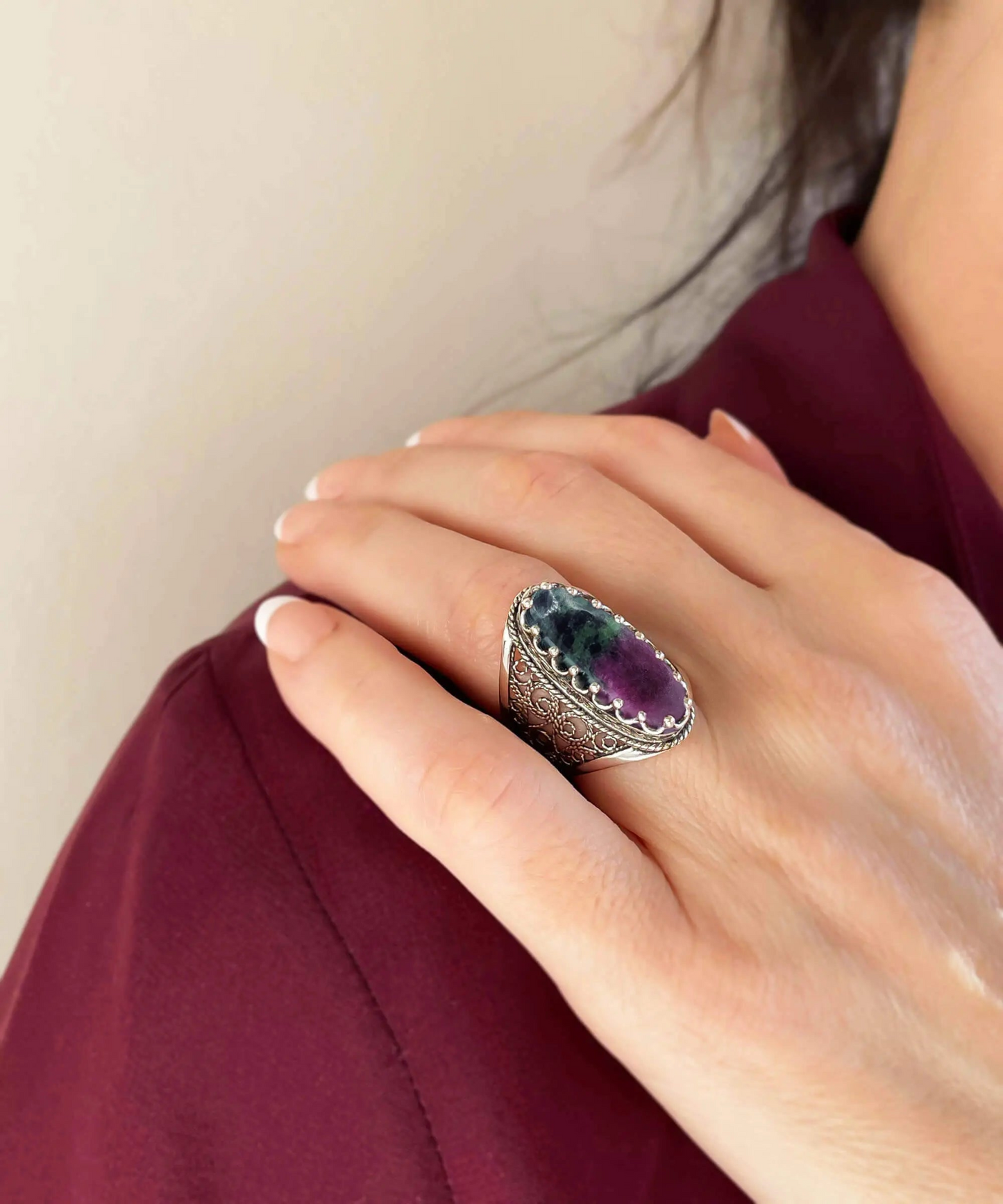 Filigree Art Ruby Zoisite Gemstone Women Silver Long Statement Ring