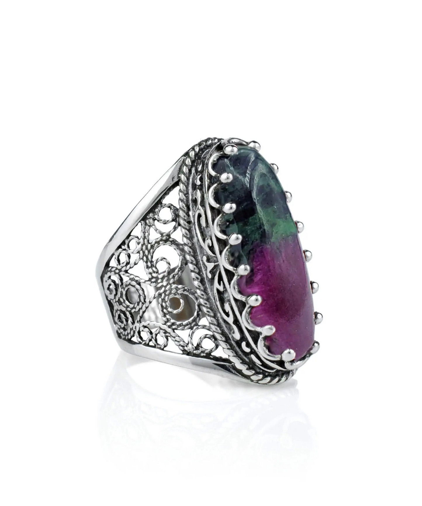 Filigree Art Ruby Zoisite Gemstone Women Silver Long Statement Ring