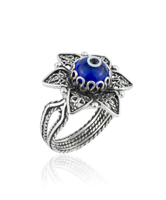 Filigree Art Blue Evil Eye Daisy Flower Women Silver Cocktail Ring