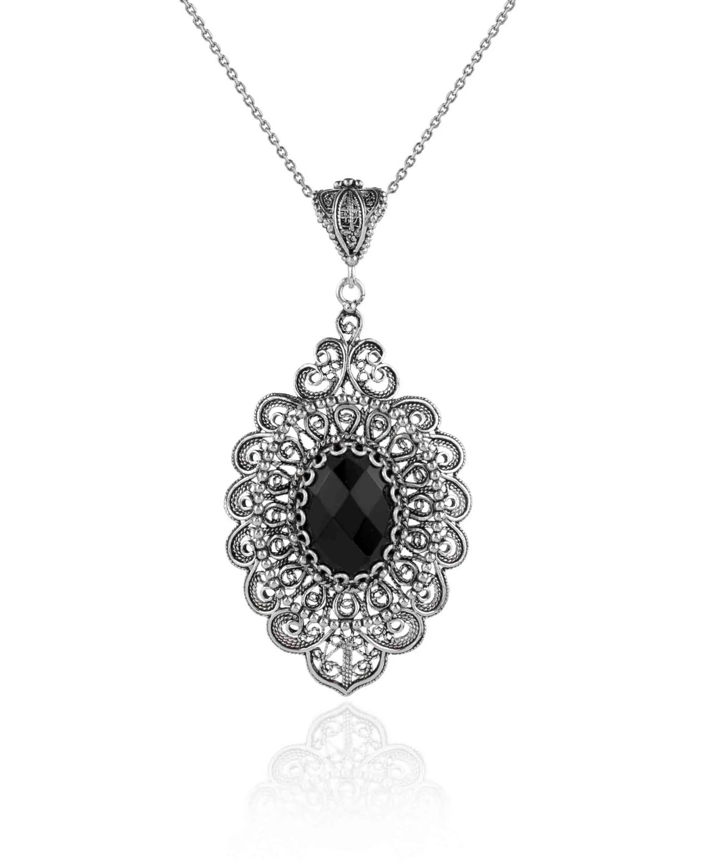 Filigree Art Black Onyx Gemstone Floral Figured Women Silver Oval Pendant Necklace